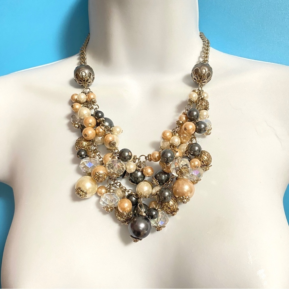 Statement Necklace Faux Pearl & Glass Crystal Beads Necklace